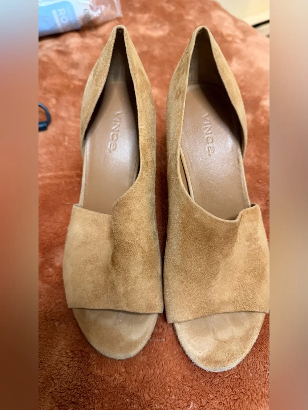 Vince Made in Italy Suede Peep Toe Espadrille Block Heels Tan 6.5M